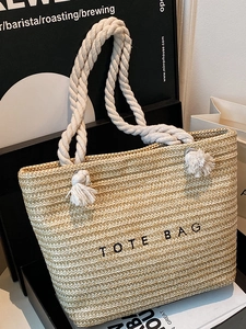Women Fashion Straw Woven Tote Bag Summer Holiday Beach Shoulder Bag With Cotton Rope Handle Letter Print Polyester Lining