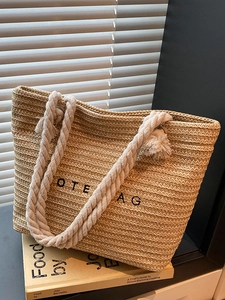 Fashion straw tote bag with TOTE BAG embroidery and white cotton rope handles