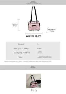 Pink fabric tote bag size details 26x20cm with black bow patterns for shoulder or hand carry