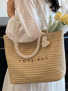 Fashionable straw tote bag with cotton rope handles and TOTE BAG embroidery for beach summer