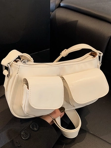 Women High Aesthetic PU Leather Underarm Bag Double Front Pocket Adjustable Shoulder Strap Commuting Crossbody Small Square Bag