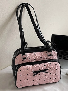 Fashion Women Shoulder Bag Pink Bow Print Pleated Fabric Tote Bag Large Capacity Casual Backpack Dual Use Lady Bag