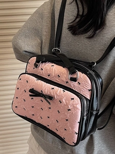 Pink bow-knot printed backpack and tote bag with stylish black trim for women