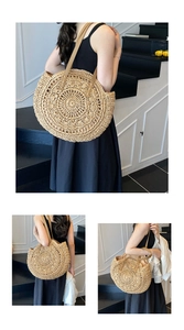 Macro detail of natural round straw bag showing radial woven texture and PU shoulder strap