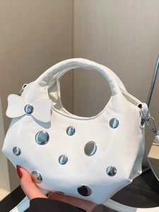 Women Fashion Rivets PU Leather Crescent Bag With Bow Decor Casual Underarm Shoulder Bag Trendy Summer Studded Hobo Handbag
