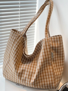 Sac Cabas en Toile à Carreaux Grande Capacité pour Femmes Mode d'Été Shopping Sac à Épaule Décontracté Littéraire Minimaliste