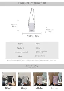 Detail view of hollow out shoulder phone bag with dimensions 13x20x3cm and weight 0.08kg