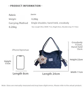 Detailed size specifications for the denim tote bag with plush star charm