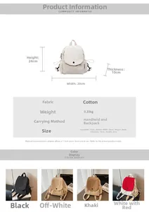 Detailed size specifications for small canvas backpack with color and weight parameters