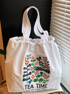 Women Large Capacity Cloth Tote Bag Towel Embroidered Cartoon Animals Floral Pattern Drawstring Shoulder Bag Casual Commuter Handbag