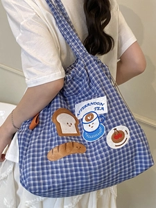 Blue plaid canvas tote bag with afternoon tea embroidery and large capacity design