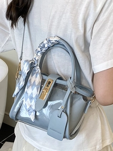 Light blue transparent PVC bucket bag with plaid scarf handle and gold twist lock