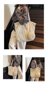 Detail of beige canvas tote bag featuring a green cat print and round coin purse