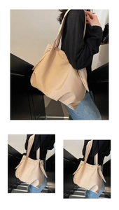 Detail of beige large capacity tote bag featuring unique side drawstring knot design