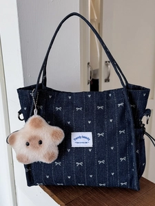 Women Cute Denim Tote Bag Bow Heart Pattern Shoulder Bag With Plush Star Pendant Casual Crossbody Handbag Daily Storage Bag