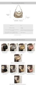 Detailed view of large capacity PU tote bag with silk scarf charm and size dimensions
