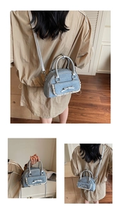 Three-way split view of mini denim bow handbag shown as crossbody and tote bag