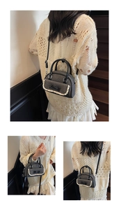 Detailed views of a dark grey bow bag showing the top handles and detachable shoulder strap