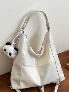 Large Capacity Women's Tote Bag With Panda Charm Fashion PU Leather Spliced Shoulder Bag For Daily Use Summer Travel