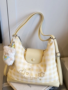 Women Large Capacity Plaid Shoulder Bag Urban Minimalist PU Leather Tote Crossbody Bag With Plush Bear Charm Fashion Handbag