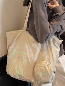 Large capacity beige tote bag with cat print and round coin purse for daily commute