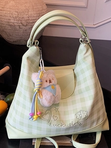 Summer contrast Hobo shoulder bag with Luckygirl embroidery and plush bear charm