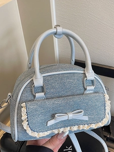 Women Fashion Bowknot Shoulder Bag Small Square Handbag Casual PU Denim Patchwork Crossbody Bag With Lace Trim Top Handle