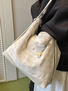 Contrast butterfly shoulder bag in cream plaid featuring Luckygirl embroidery