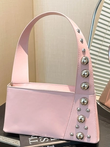 Fashionable PU Leather Shoulder Bag For Women With Silver Ball Rivets Minimalist Underarm Handbag For Daily Party Chic Style