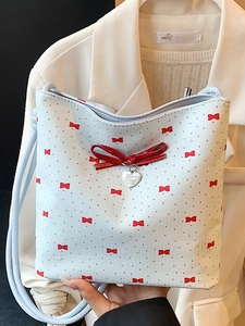Moda Dolce Fiocco Borsa a Secchiello in Pelle PU Stampa Farfalla Borsa a Tracolla Ciondolo Cuore Perla Artificial Borsa a Mano Sottobraccio Donna