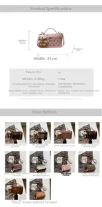 Detailed size chart for Korean style handbag showing dimensions 21cm x 13cm x 7cm and colors
