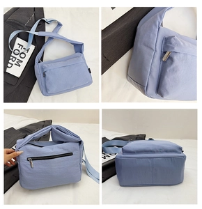Detail view of light purple nylon crossbody bag showing multiple angles and hardware zippers