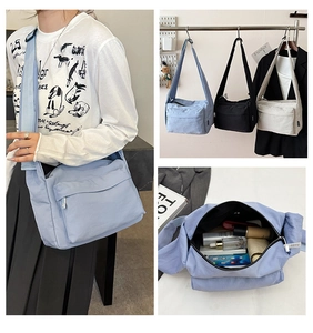 Detailed views of nylon messenger bag showing interior capacity and adjustable wide strap