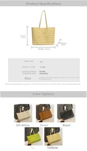 Detailed size chart and multi-color view of large hollow tote bag with product dimensions
