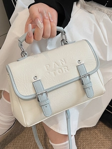Retro cream and light blue leather crossbody bag with top handle and flap closure