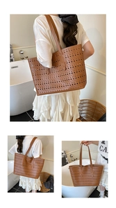 Detail of hollowed-out pattern on large brown faux leather tote bag with inner pouch
