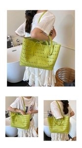 Detail of lime green tote bag featuring laser-cut geometric patterns and dual straps