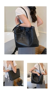 Detail of black laser-cut hollow pattern and stitching on a large leather tote bag