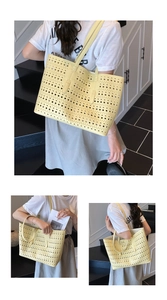 Detail of light yellow hollow-out tote bag with laser-cut holes and long shoulder straps