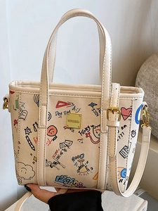 Sac seau chic crème avec imprimé graffiti coloré et bandoulière longue réglable