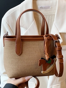 Women Casual PU Leather Stitching Shoulder Bag Simple Fashion Small Tote Bag With Horse Charm Adjustable Strap Crossbody Purse