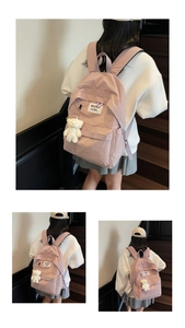 Pink Japanese style school backpack with cute plush bear charm and waswac rules patch