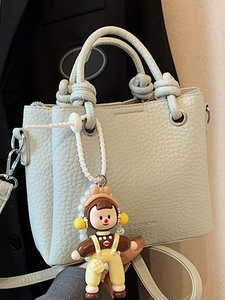 Fashion PU Leather Pebble Grain Bucket Bag Knot Handle Shoulder Crossbody Bag With Cartoon Doll Pendant For Women