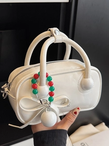 Women's Fashion PU Leather Handheld Pillow Bag Chic Small Niche Solid Color Shoulder Crossbody Bag With Bow Bead Charm