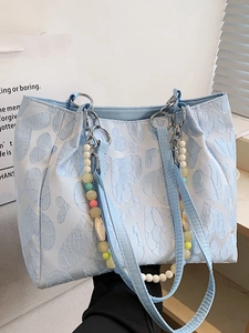 Korean Cute Heart Jacquard Tote Bag For Women Summer New Large Capacity Shoulder Bag With Colorful Beaded Pendant Fashion Bag