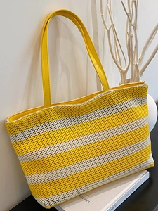 Borsa Tote in Maglia a Righe di Grande Capacità per Donna Estiva Leggera Borsa a Tracolla Casual Minimalista Urbana Colore a Contrasto