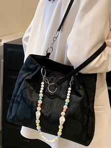 Chic black jacquard heart pattern tote bag with colorful beaded charm for women