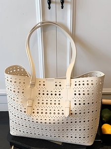 Women Fashion Large Capacity Laser Cut Hollow Out PU Leather Tote Bag Casual Solid Color Shoulder Handbag With Sub Bag