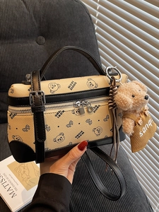 Korean Style Women PU Leather Boston Box Bag With Cute Bear Charm Letter Print Shoulder Crossbody Handbag For Summer Daily Use
