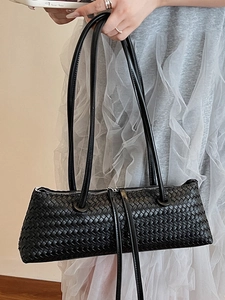 Chic black woven baguette bag for women, stylish large capacity shoulder underarm purse